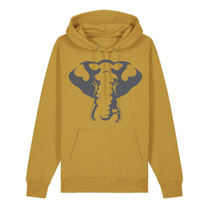 Dark grey elephant design on the front of an ochre hoodie against a white background