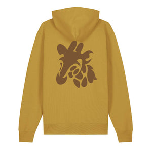 Dark brown giraffe design on the back of an ochre hoodie against a white background
