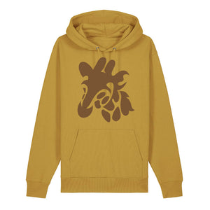 Dark brown giraffe design on the front of an ochre hoodie against a white background