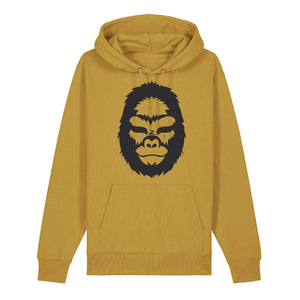 Front view of an ochre coloured hoodie with a minimalist black gorilla illustration on a white background