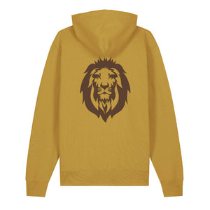 Dark brown lion design on the back of an ochre hoodie against a white background