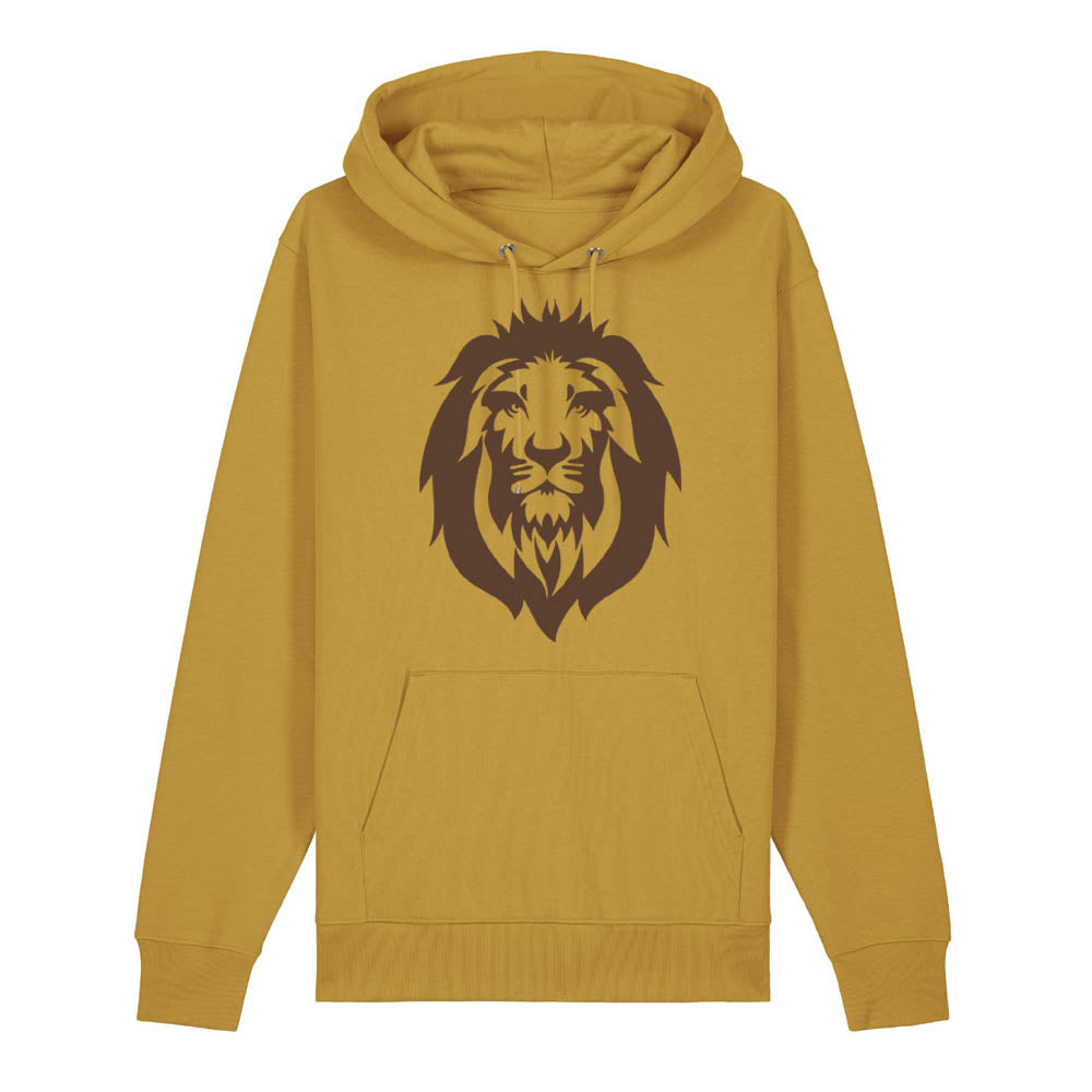 Dark brown lion design on the front of an ochre hoodie against a white background