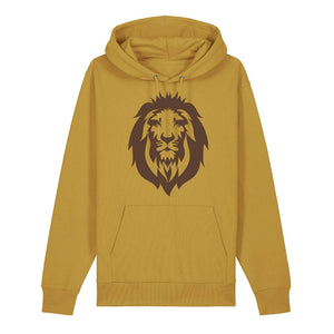 Dark brown lion design on the front of an ochre hoodie against a white background