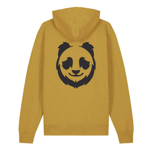 Black panda design on the back of an ochre hoodie against a white background