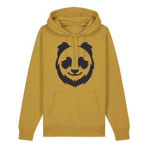 Black panda design on the front of an ochre hoodie against a white background