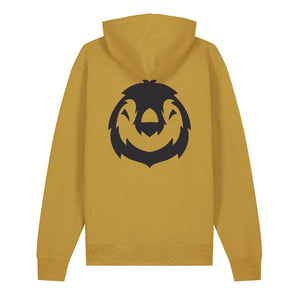 Black penguin design on the back of an ochre hoodie against a white background