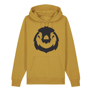 Black penguin design on the front of an ochre hoodie against a white background