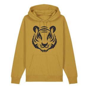 Black tiger design on the front of an ochre hoodie against a white background