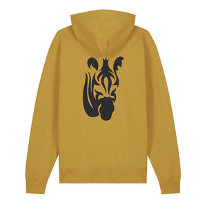 Black zebra design on the back of an ochre hoodie against a white background