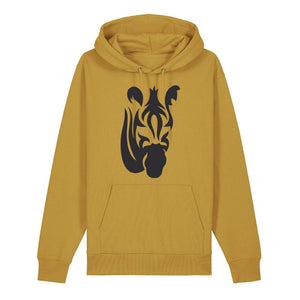 Black zebra design on the front of an ochre hoodie against a white background