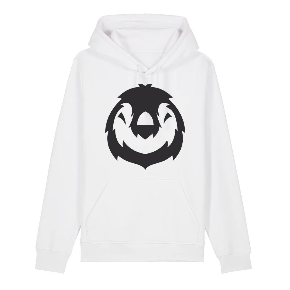 Black penguin design on the front of a white hoodie against a white background