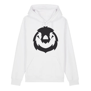 Black penguin design on the front of a white hoodie against a white background