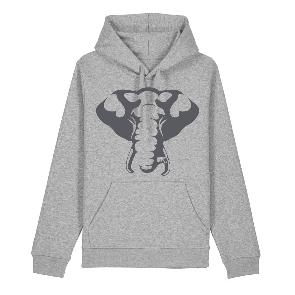Dark grey elephant design on the front of a heather grey hoodie against a white background