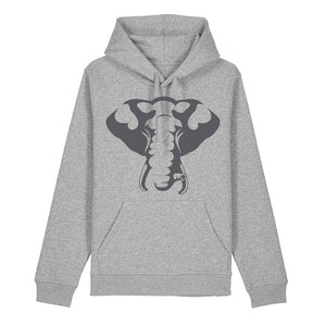 Dark grey elephant design on the front of a heather grey hoodie against a white background