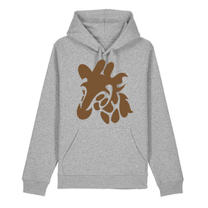 Dark brown giraffe design on the front of a heather grey hoodie against a white background