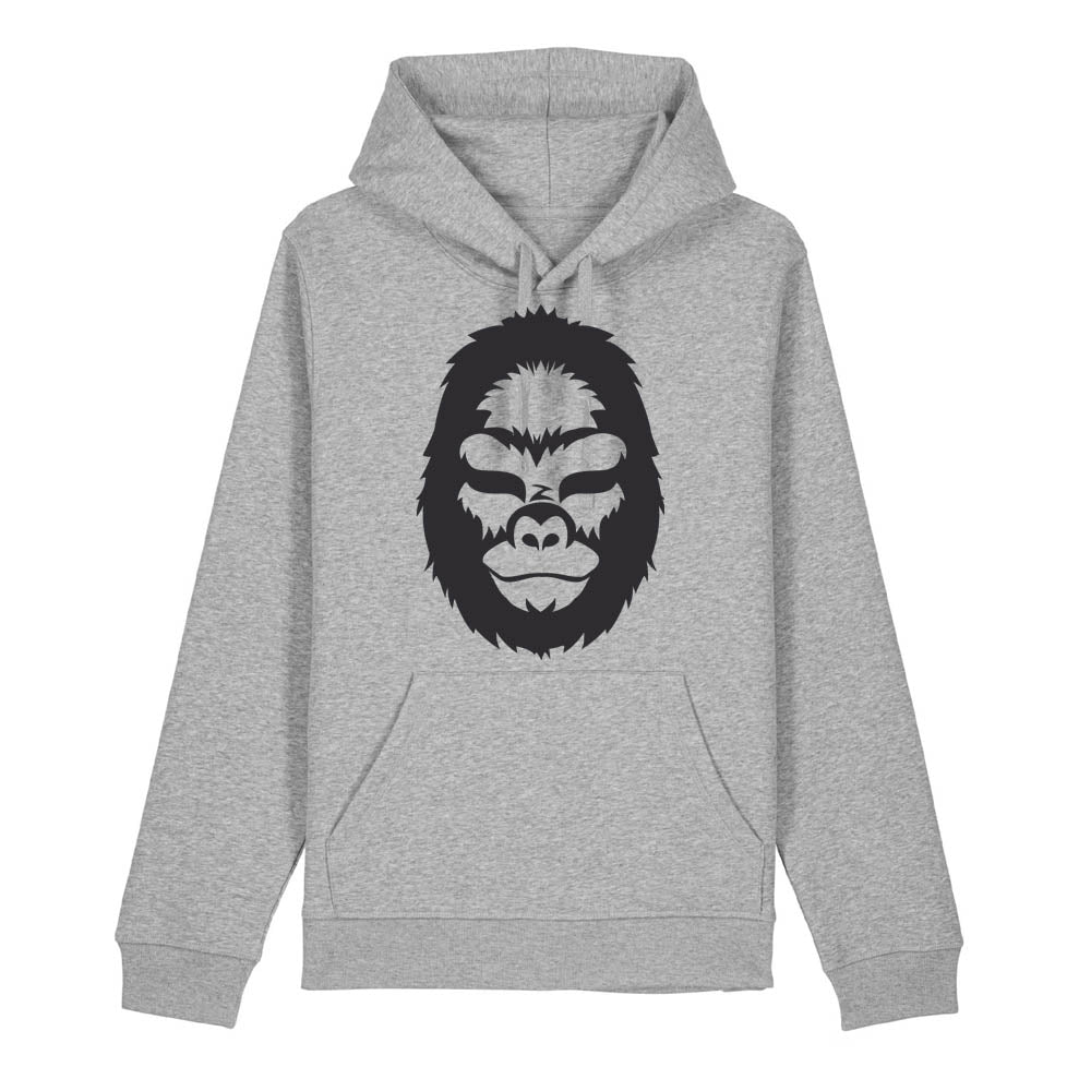 Front view of a heather grey hoodie with a minimalist black gorilla illustration on a white background