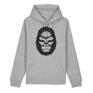 Front view of a heather grey hoodie with a minimalist black gorilla illustration on a white background