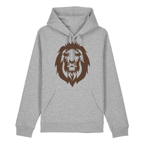 Dark brown lion design on the front of a heather grey hoodie against a white background