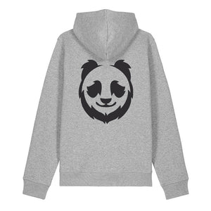 Black panda design on the back of a heather grey hoodie against a white background