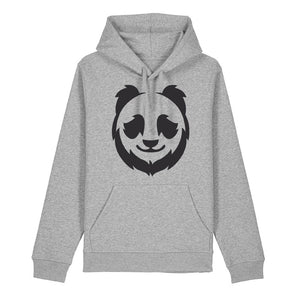 Black panda design on the front of a heather grey hoodie against a white background