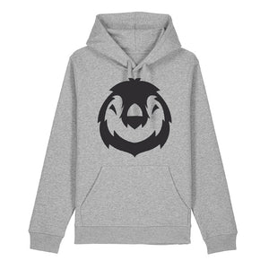Black penguin design on the front of a heather grey hoodie against a white background