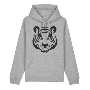 Black tiger design on the front of a heather grey hoodie against a white background