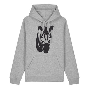 Black zebra design on the front of a heather grey hoodie against a white background