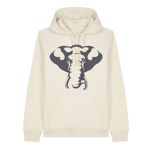 Dark grey elephant design on the front of a natural raw hoodie against a white background