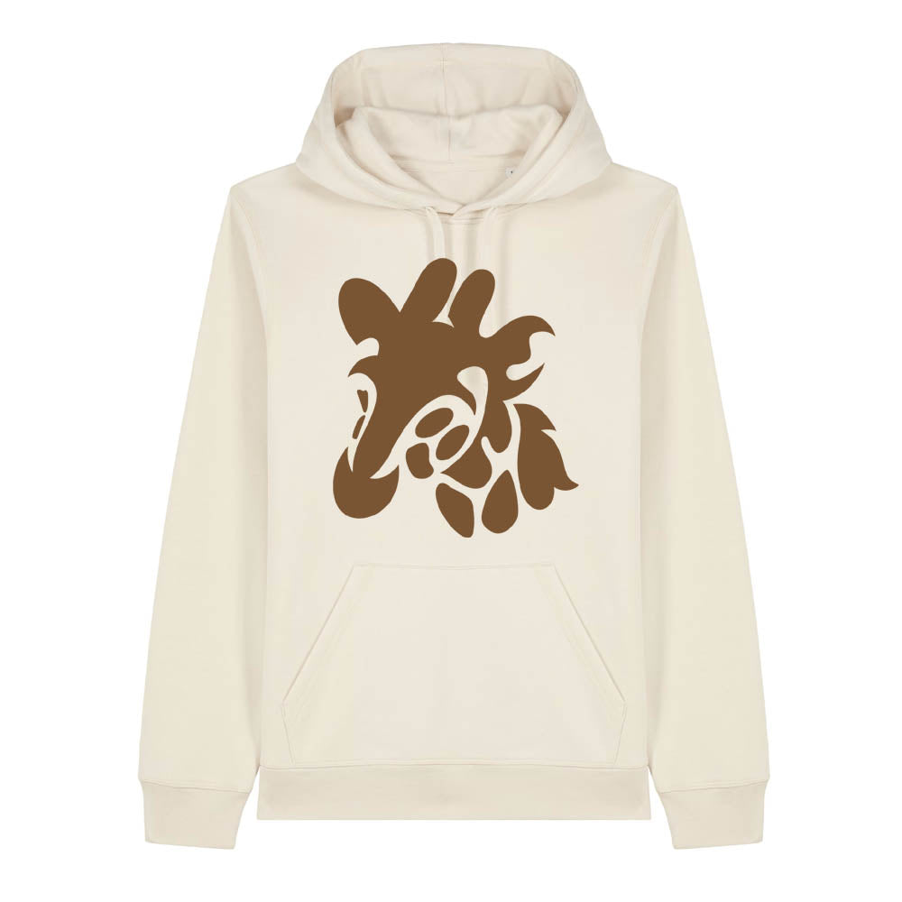 Dark brown giraffe design on the front of a natural raw hoodie against a white background