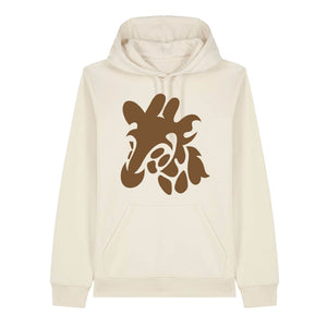 Dark brown giraffe design on the front of a natural raw hoodie against a white background
