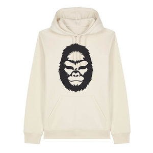 Front view of a natural raw hoodie with a minimalist black gorilla illustration on a white background