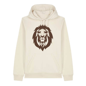 Dark brown lion design on the front of a natural raw hoodie against a white background
