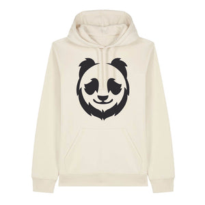 Black panda design on the front of a natural raw hoodie against a white background