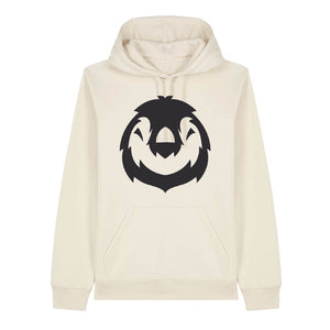 Black penguin design on the front of a natural raw hoodie against a white background
