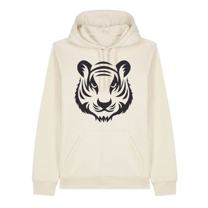 Black tiger design on the front of a natural raw hoodie against a white background