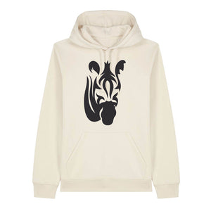 Black zebra design on the front of a natural raw hoodie against a white background