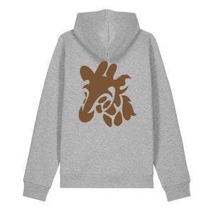 Dark brown giraffe design on the back of a heather grey hoodie against a white background