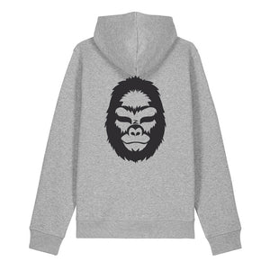 Back view of a heather grey hoodie with a minimalist black gorilla illustration on a white background