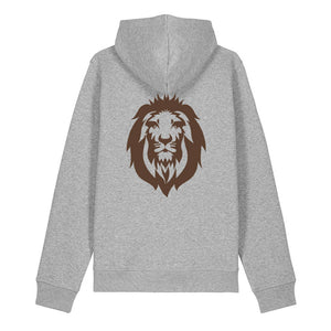 Dark brown lion design on the back of a heather grey hoodie against a white background