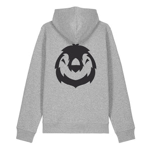 Black penguin design on the back of a heather grey hoodie against a white background