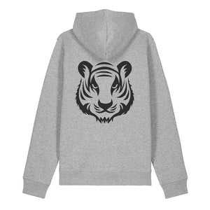 Black tiger design on the back of a heather grey hoodie against a white background