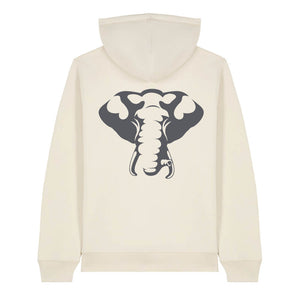 Dark grey elephant design on the back of a natural raw hoodie against a white background