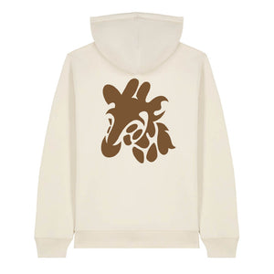 Dark brown giraffe design on the back of a natural raw hoodie against a white background