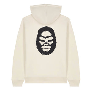 Back view of a natural raw hoodie with a minimalist black gorilla illustration on a white background