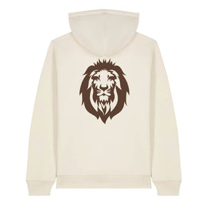 Dark brown lion design on the back of a natural raw hoodie against a white background