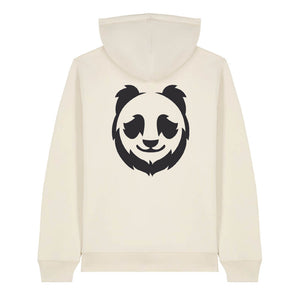 Black panda design on the back of a natural raw hoodie against a white background