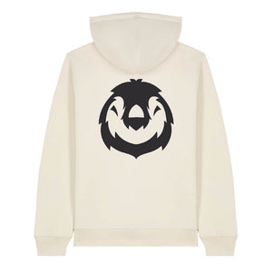 Black penguin design on the back of a natural raw hoodie against a white background