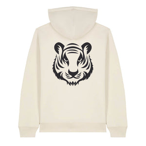 Black tiger design on the back of a natural raw hoodie against a white background