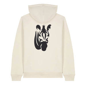 Black zebra design on the back of a natural raw hoodie against a white background