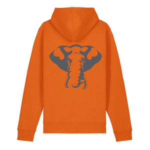 Dark grey elephant design on the back of a bright orange hoodie against a white background